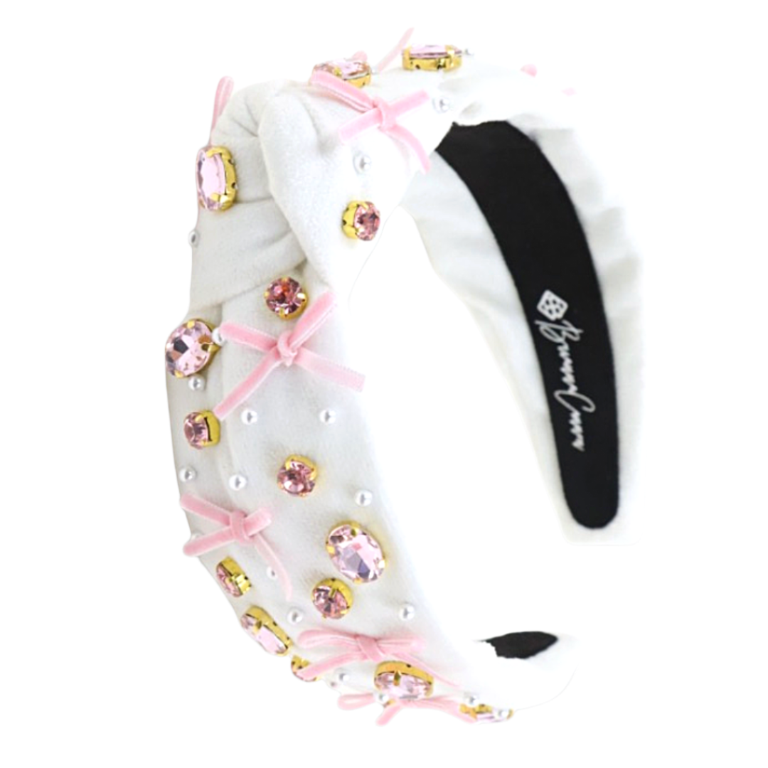 Pink Bow Headband - White Velvet Winter Headband | Brianna 