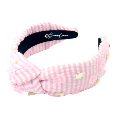 Adult Size Pink Seersucker Headband with Mother of Pearl Bunnies