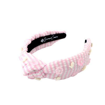 Child Size Pink Seersucker Headband with Mother of Pearl Bunnies