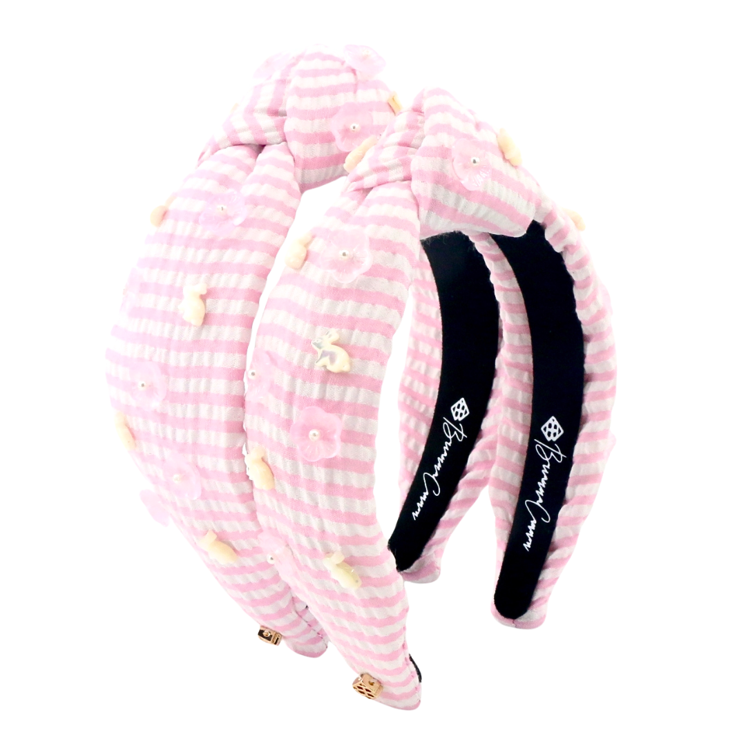 Child Size Pink Seersucker Headband with Mother of Pearl Bunnies