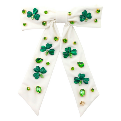 White Shamrock Bow Barrette With Crystals