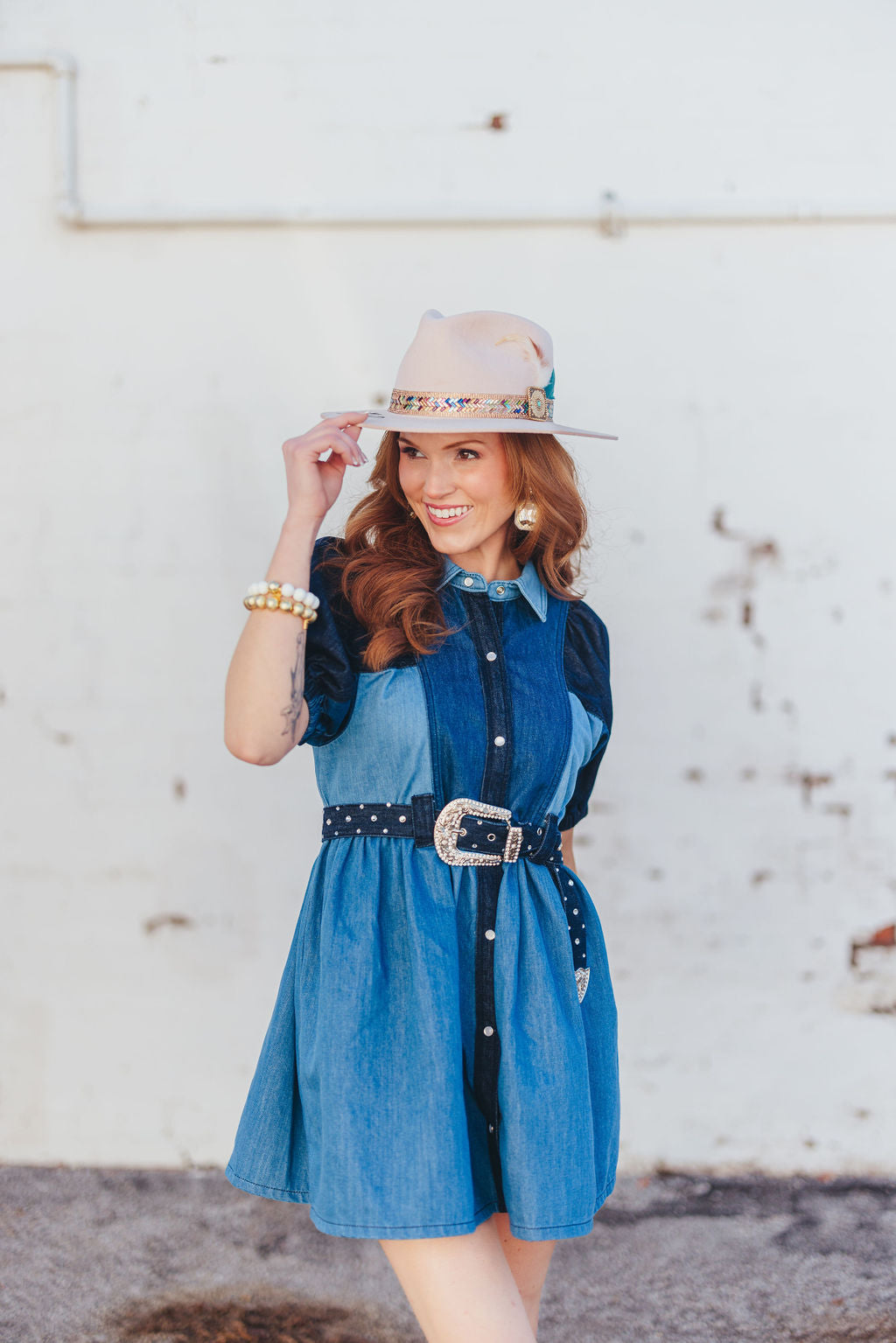 Patchwork Denim Dress with Belt - Western Style Dress  display picture 1