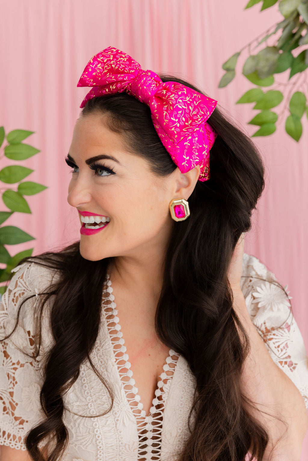 Adult Size Hot Pink & Gold Brocade Side Bow Headband