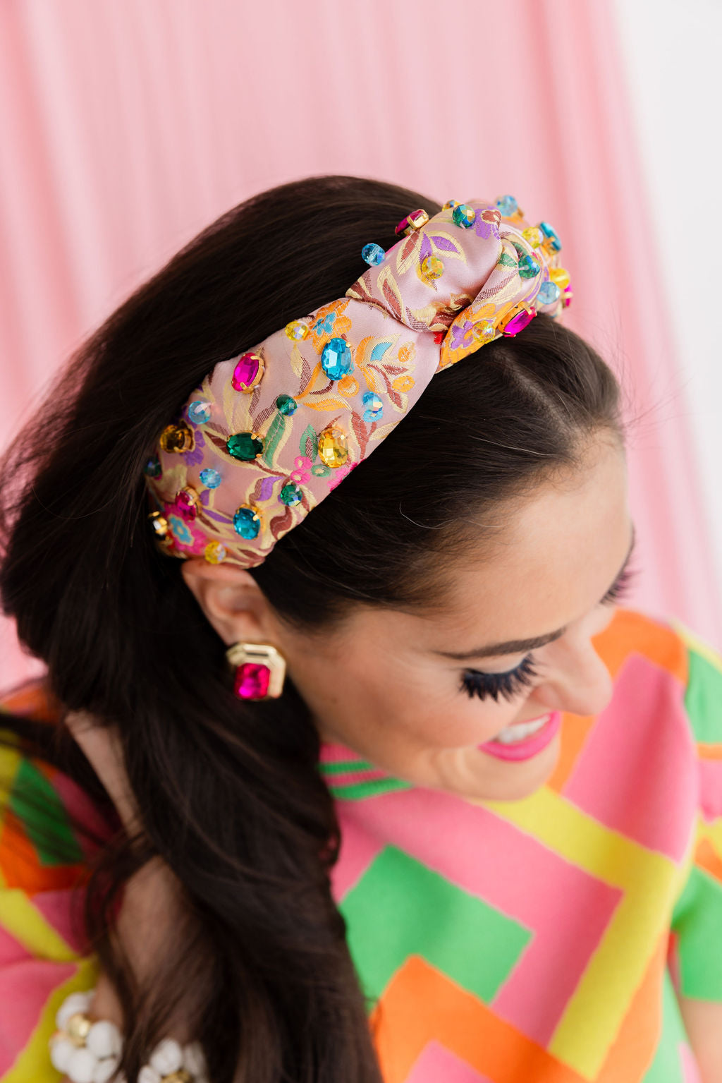 Adult Size Colorful Floral Brocade Headband with Crystals