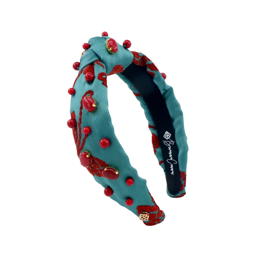 Child Size Teal Headband With Red Floral Embroidery and  display picture 3