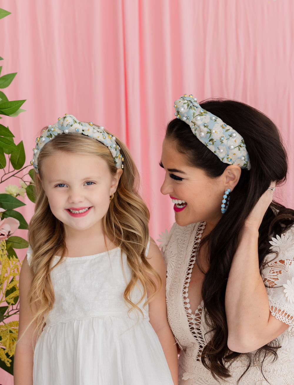 Adult Size Light Blue & White Floral Headband with Crystals & Pearls