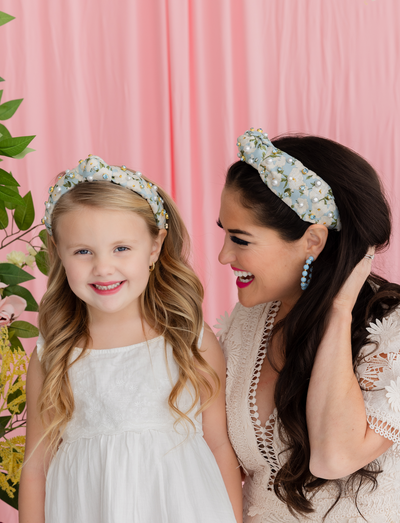 Child Size Light Blue & White Floral Headband with Crystals & Pearls