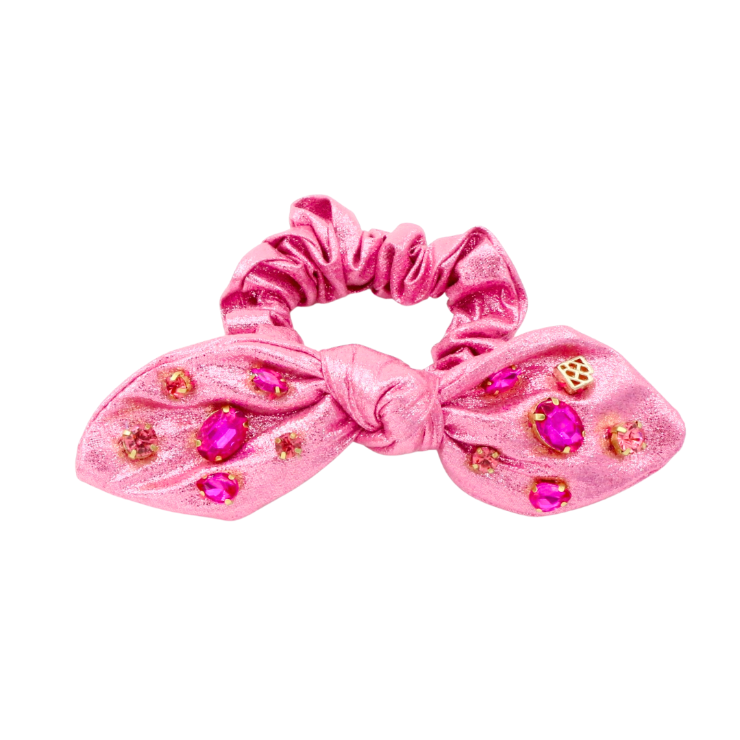 Shimmer Bow Scrunchie with Hand Sewn Crystals in Pink 