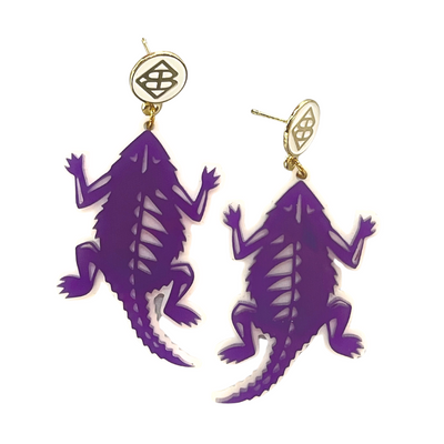 Purple and White TCU Horned Frog Earrings