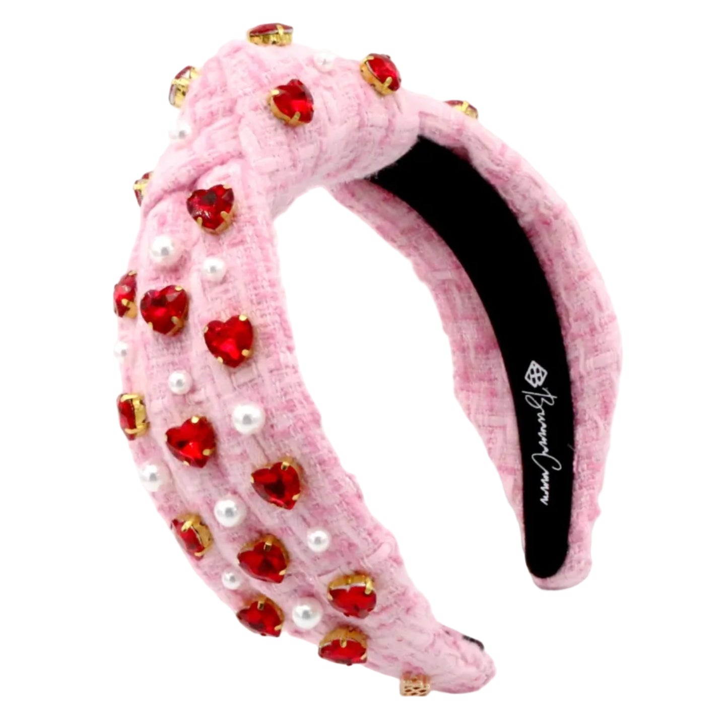 Pink Tweed Headband with Red Hearts & Pearls - Valentine display picture 3