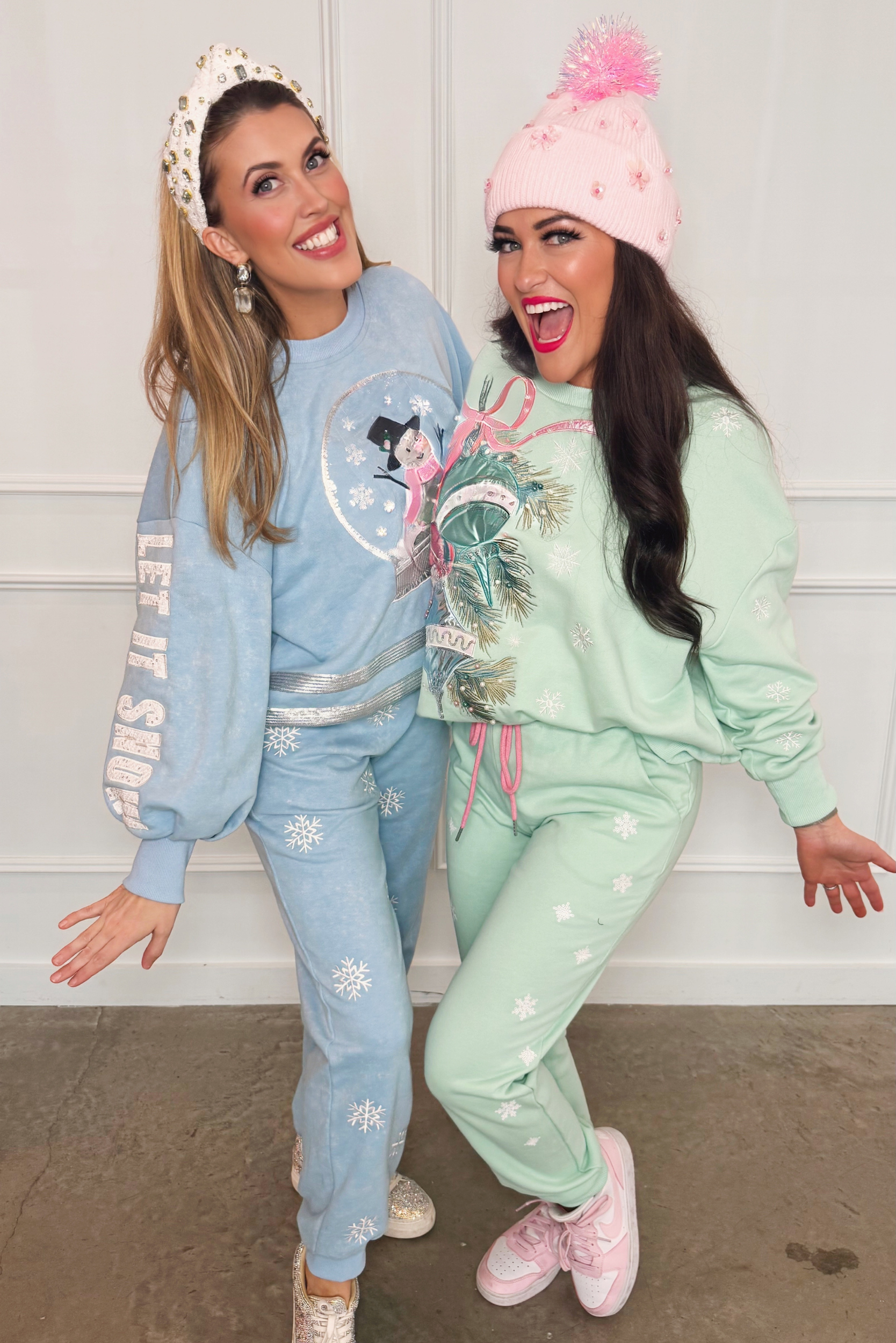 Sequin Snowflakes Sweatpants - Mint Green Holiday Sweatpants 