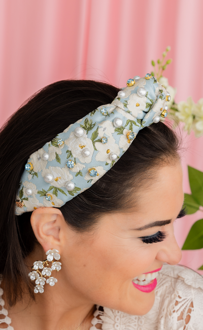 Adult Size Light Blue & White Floral Headband with Crystals & Pearls