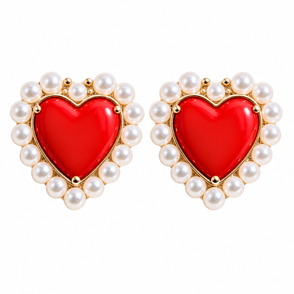 Red Heart Studs with Pearls