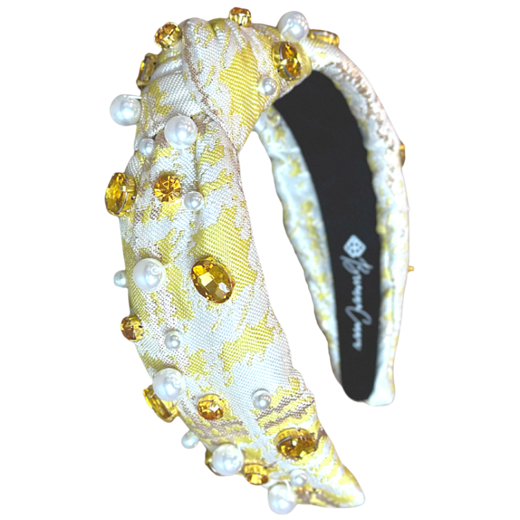 Yellow Jacquard Metallic Headband with Crystals and Pearls  display picture 1