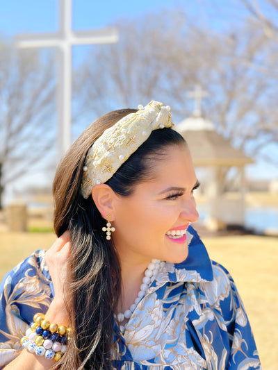 Gold and Ivory Metallic Headband with Pearls and Crosses