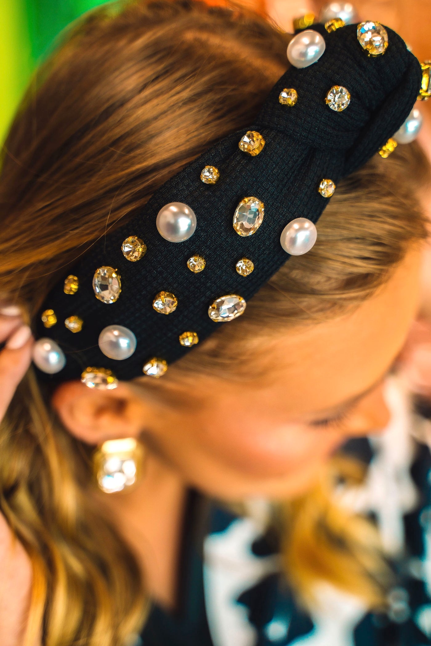 Black Twill Headband with Large Pearls and Crystals