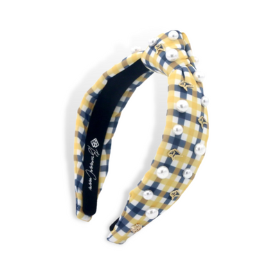Child Size Gold & Navy Gingham PCA Logo Headband With Pearls