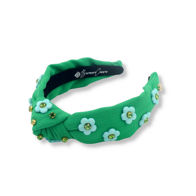 Child Size Green Twill Headband with Blue Flowers