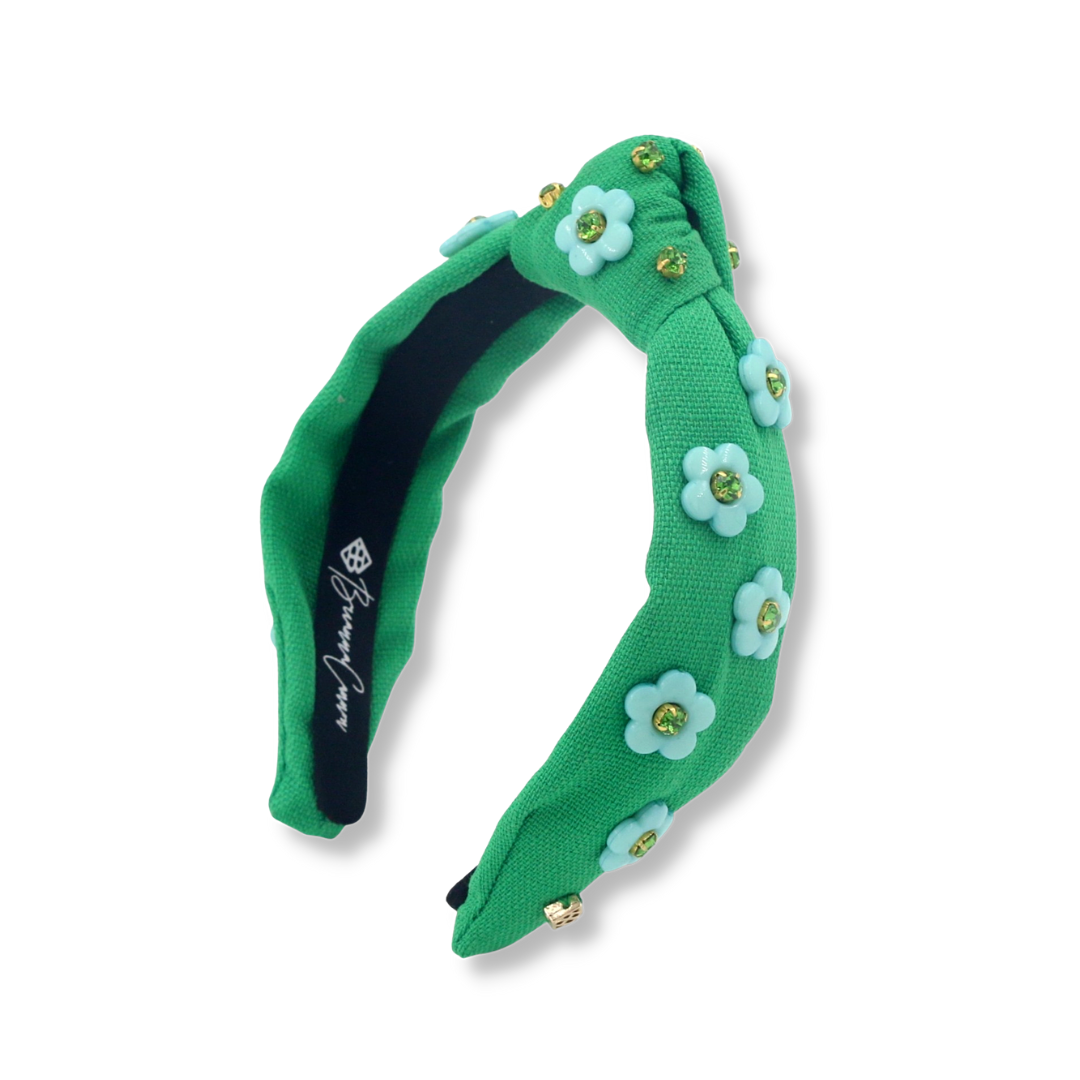 Child Size Green Twill Headband with Blue Flowers