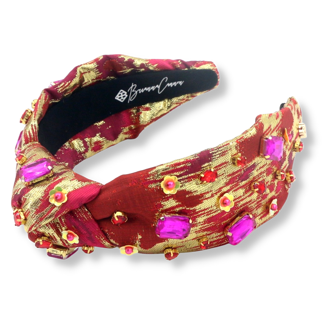 Red and Gold Brushstroke Headband with Pink Crystals