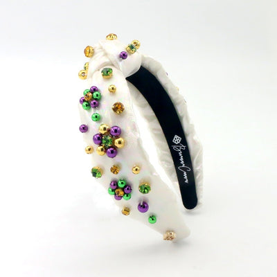 Child Size White Shimmer Mardi Gras Headband with Beads & Crystals