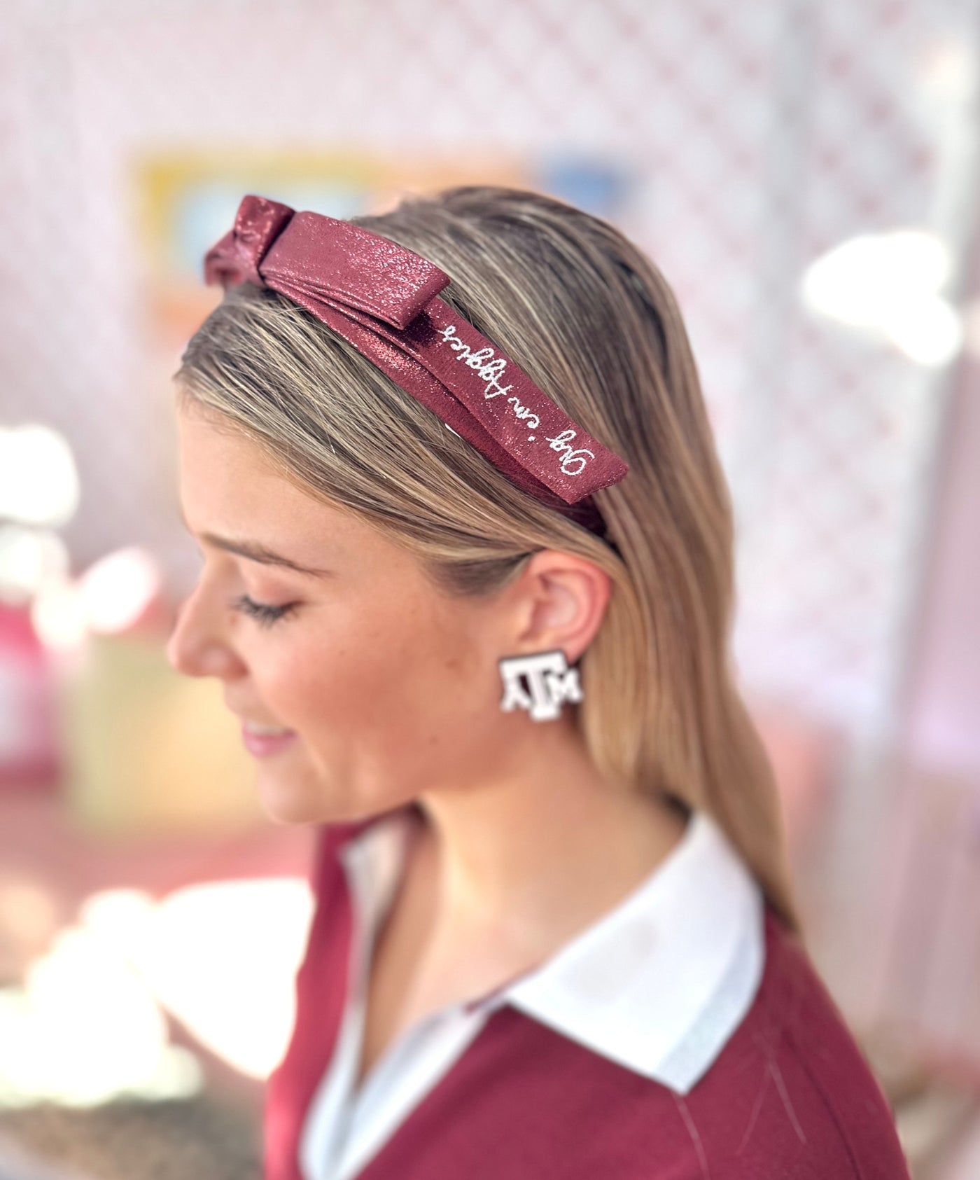 Texas A&M Maroon Thin Embroidered Ribbon Bow Headband