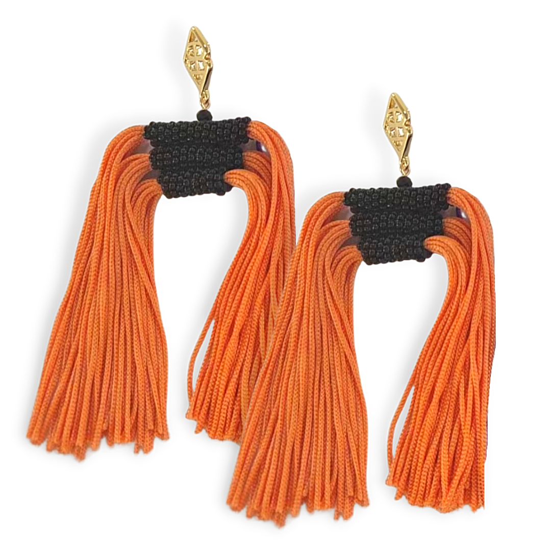 Color Block Tassel Earrings - Orange and Black