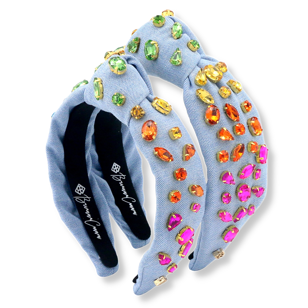 Child Size Denim Headband with Rainbow Gradient Hand-Sewn Crystals