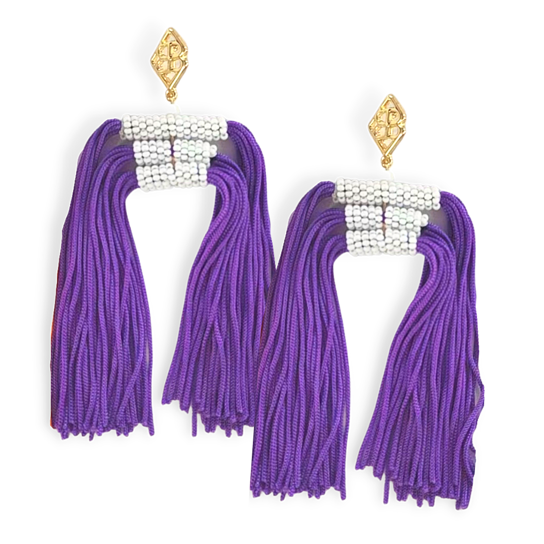 Color Block Tassel Earrings - Purple and White