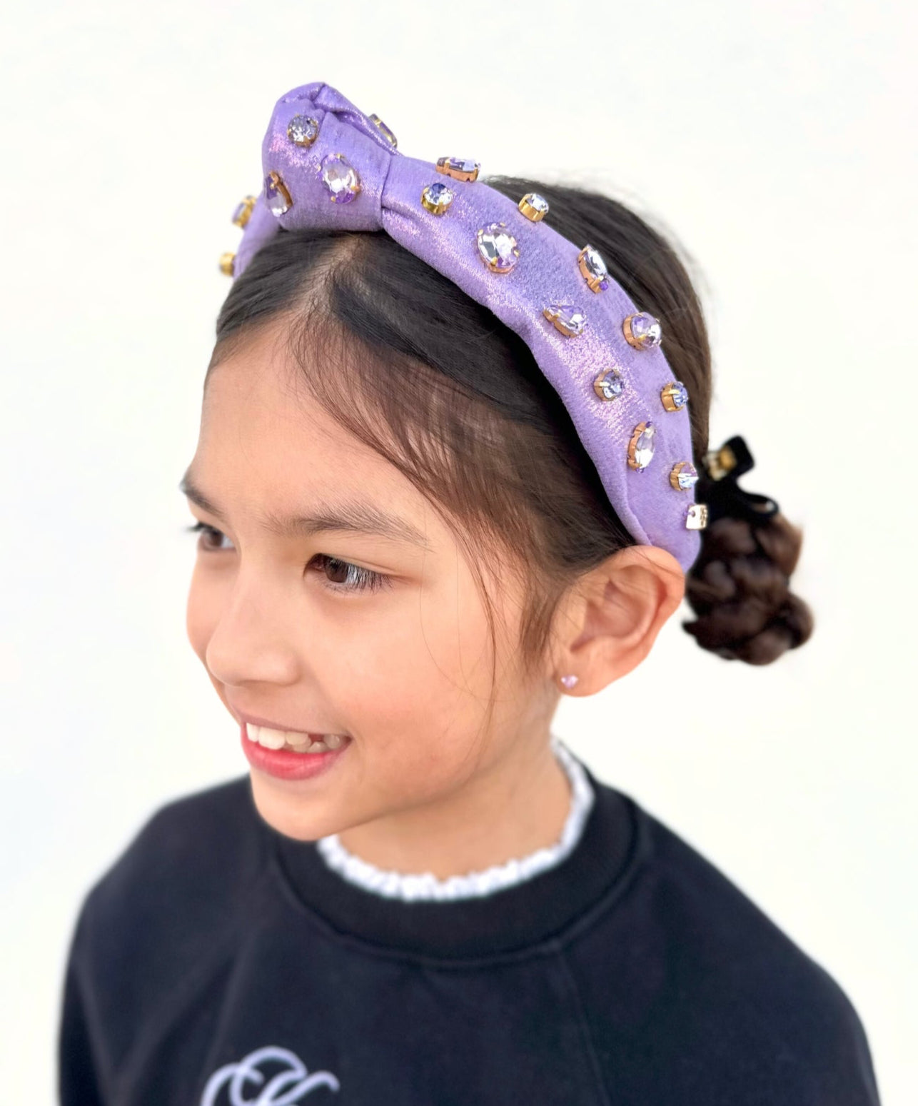 Child Size Shimmer Headband with Hand-Sewn Crystals in Purple