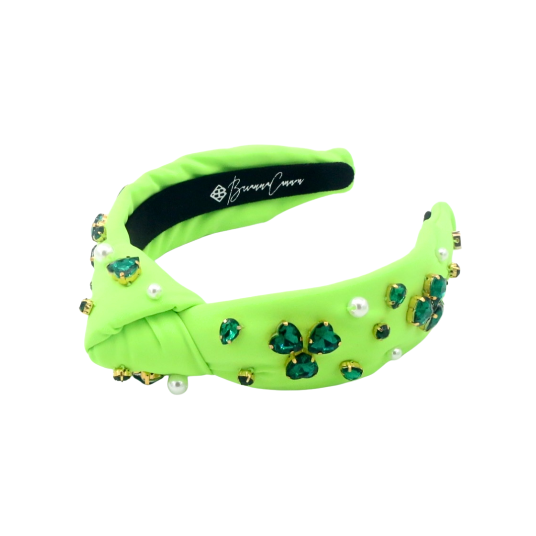 Child Size Neon Green Headband with Shamrock Crystals & Pearls