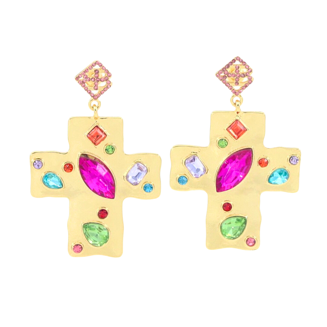 Hammered Gold Cross Earrings with Multicolored Jewels