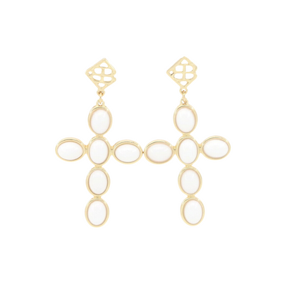 White Cabochon Cross Earrings with White Beads