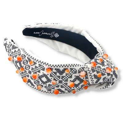 Black and White Cross-Stitch Headband with Orange Crackle Glass Beads