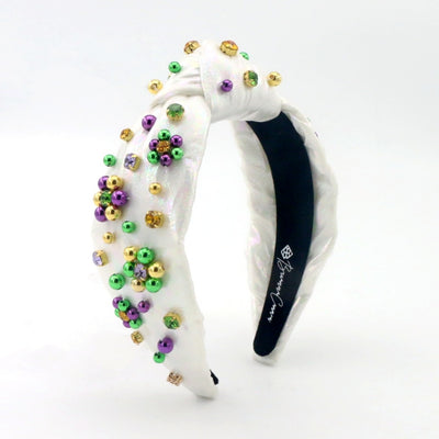 Adult Size White Shimmer Mardi Gras Headband with Beads & Crystals