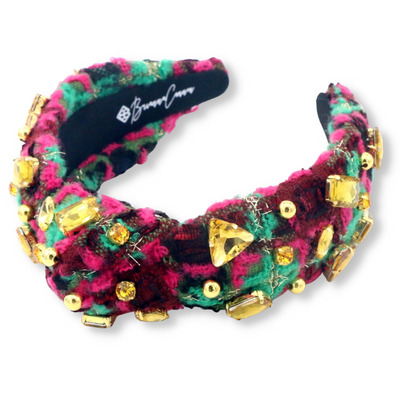 Green & Pink Patchwork Tweed Headband with Crystals & Beads