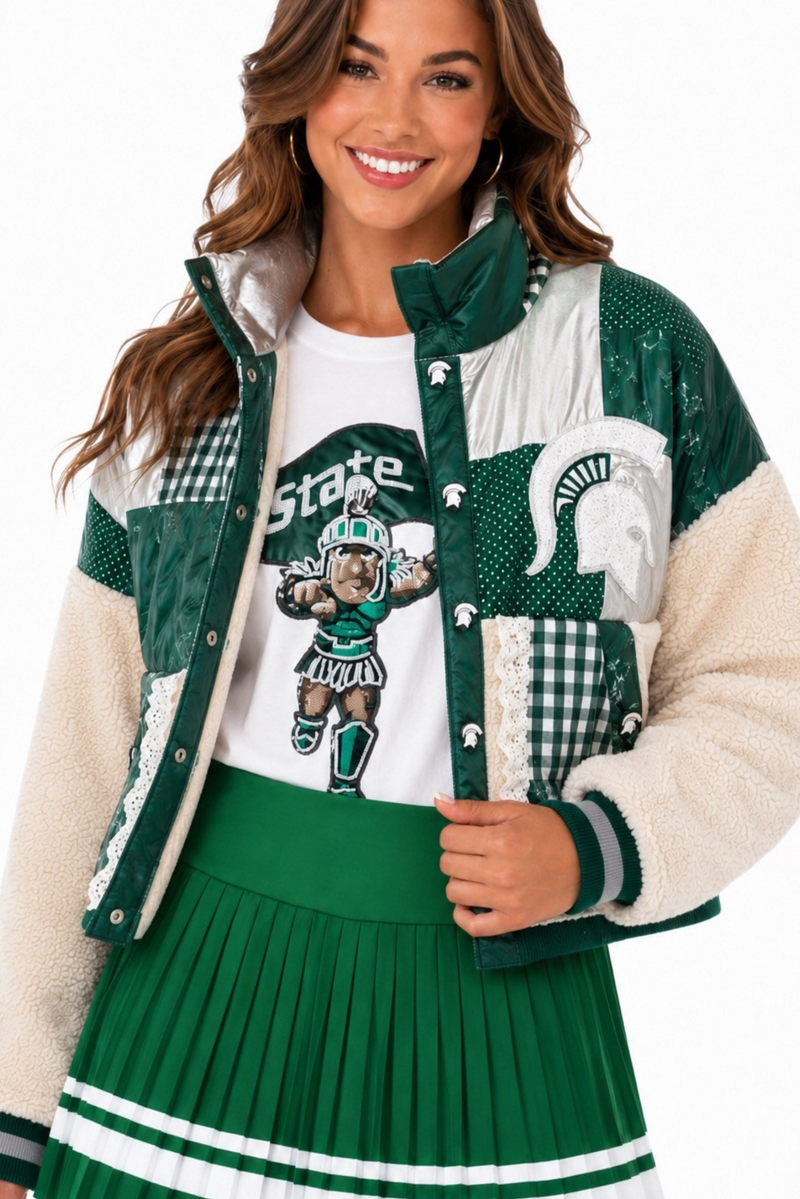Michigan State Patchwork Sherpa Jacket: patchwork sherpa jacket with Michigan State logo snap buttons and lace accents