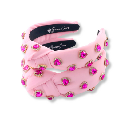 Adult Size Light Pink Headband with Hot Pink Pavé Crystal Hearts