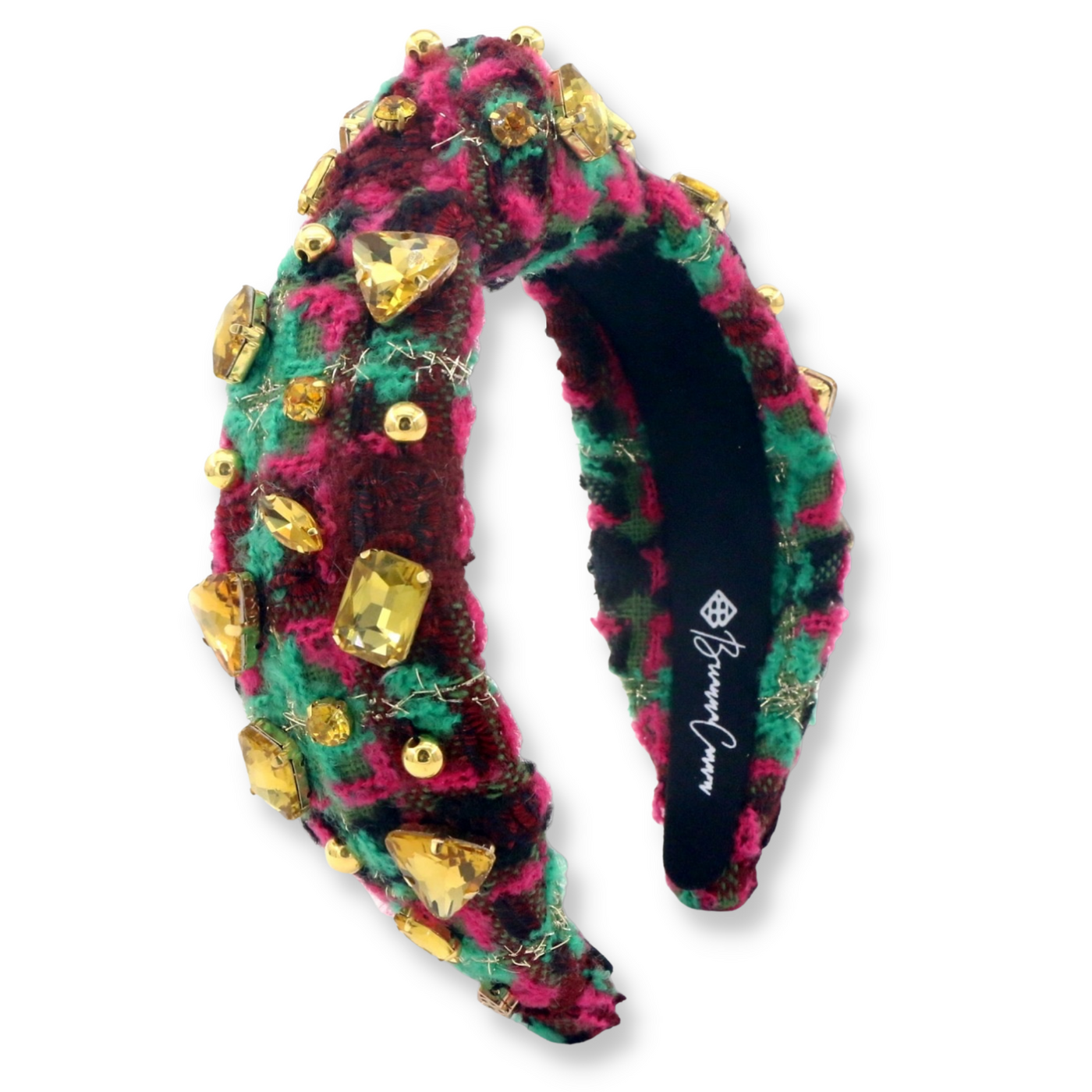 Green & Pink Patchwork Tweed Headband with Crystals & Beads