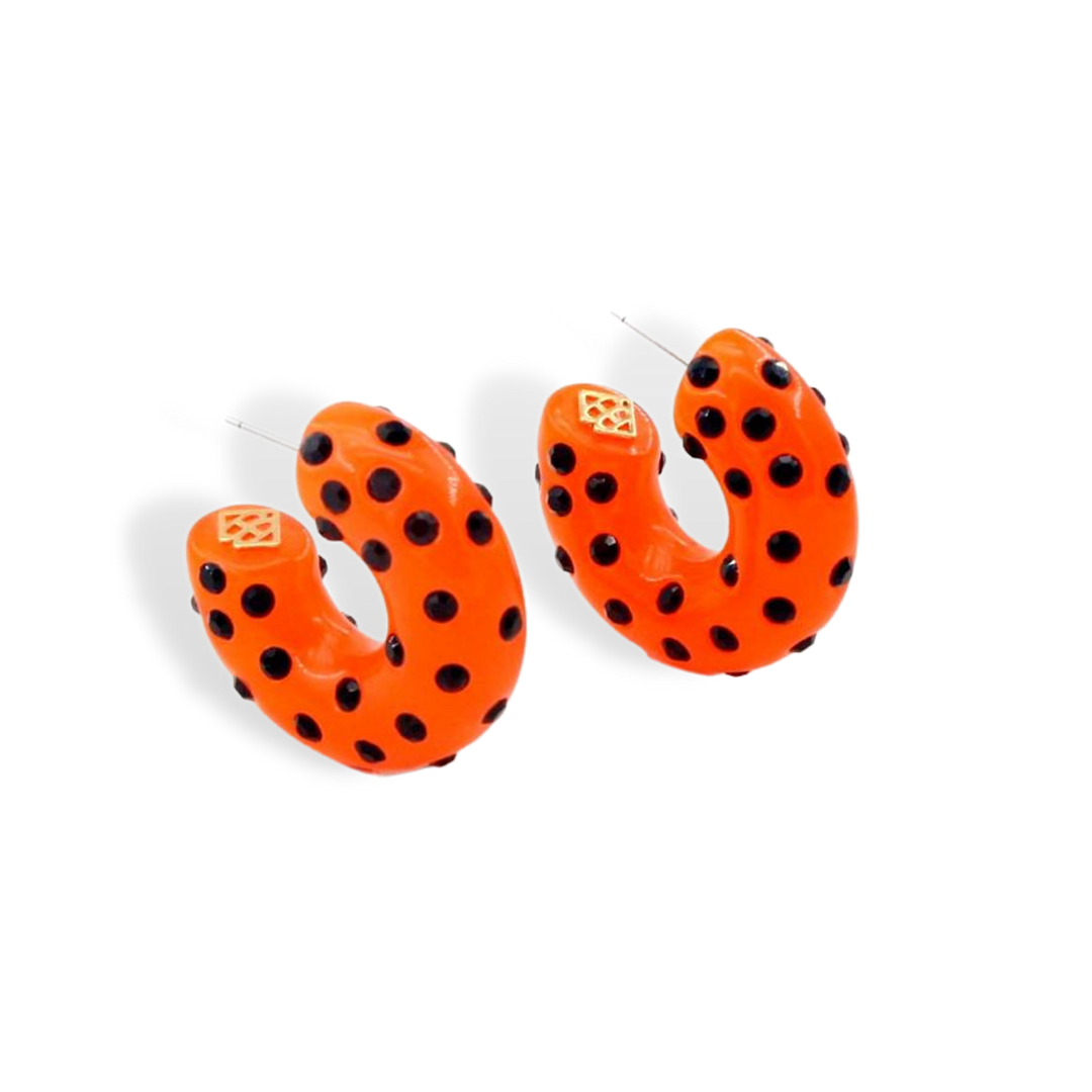Neon Orange Huggie Hoop Earrings with Black Crystals