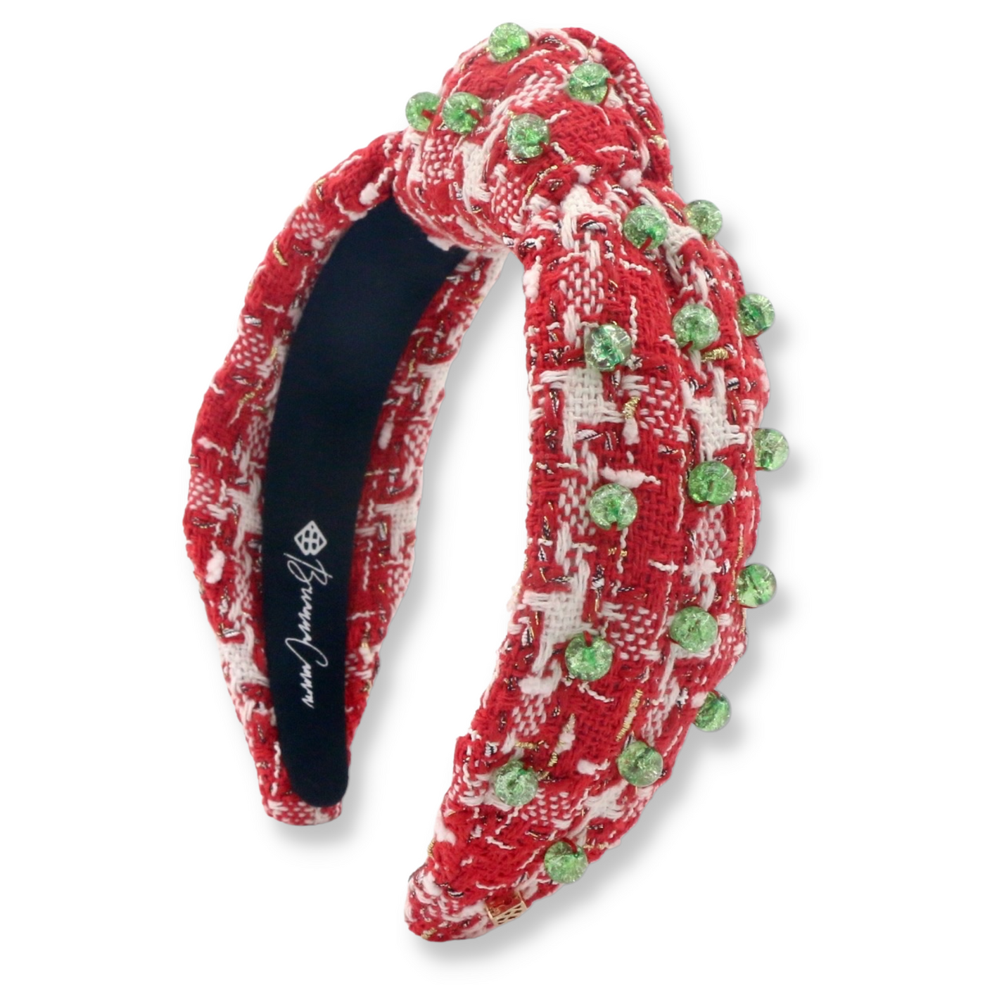 Red & White Tweed Headband with Green Glass Beads
