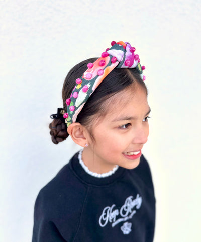 Child Size Mossy Floral Headband with Pink Beads