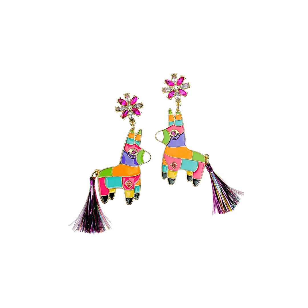 Burro Piñata Earrings with Metallic Tassel Tail