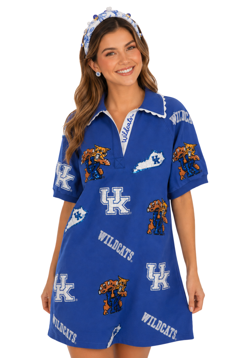 Kentucky Logo Patch Dress: cotton A-line dress with sequin and appliqué Kentucky logo patches and a scalloped accent collar