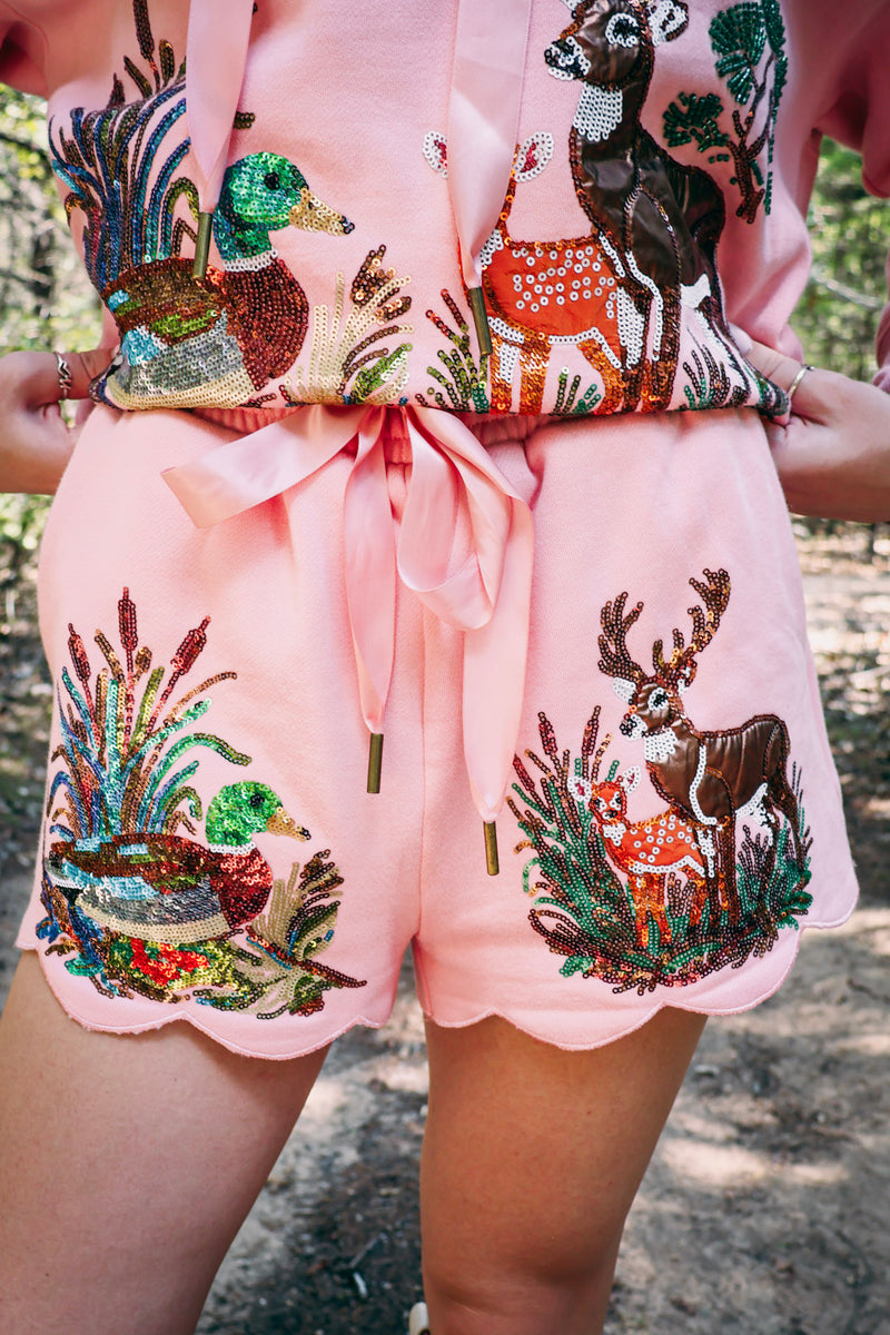 Bucks and Birds Shorts in pink fleece with a sequin and bead mallard and deer scene