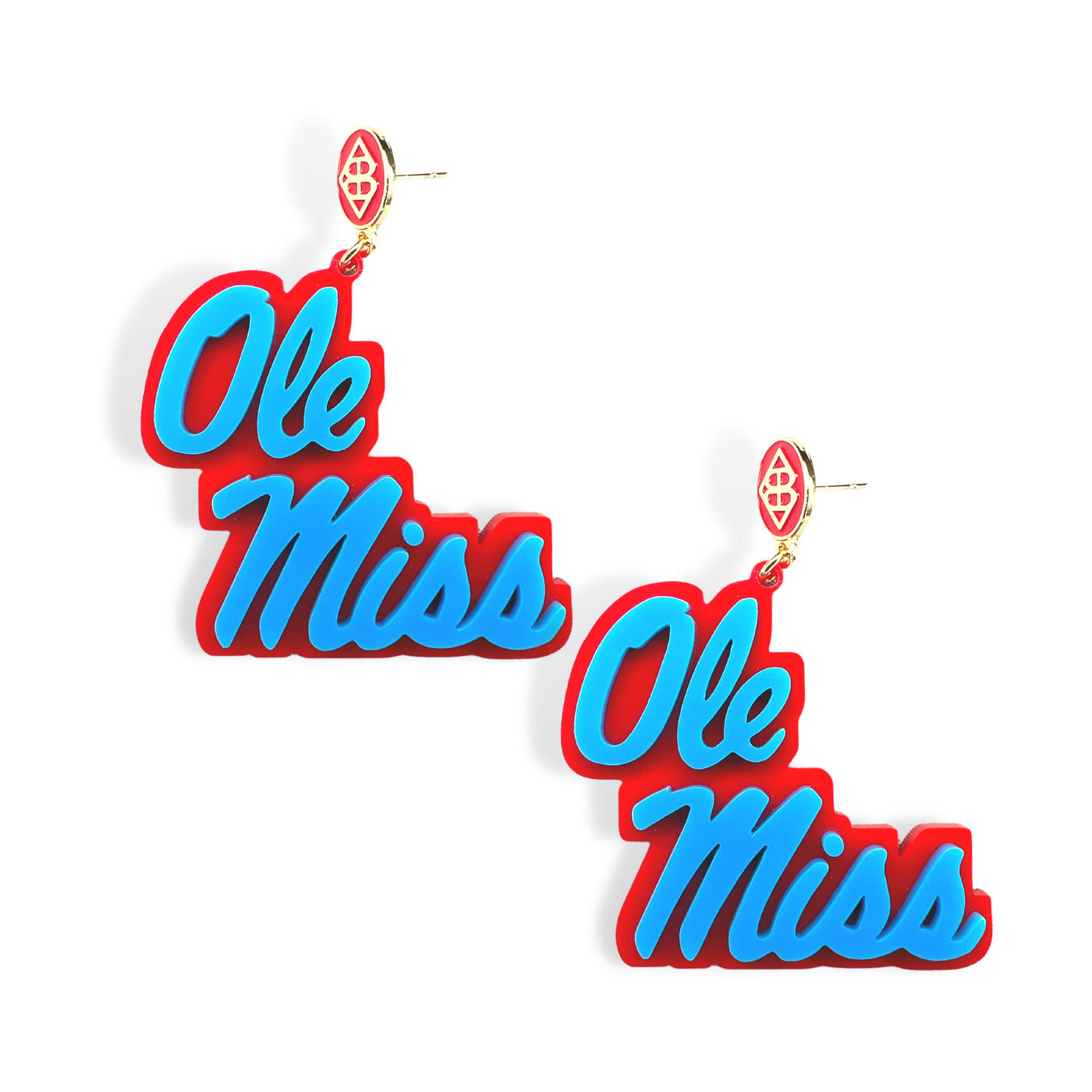 Ole Miss - Powder Blue Ole Miss Script Earrings over Red with Red Logo Top