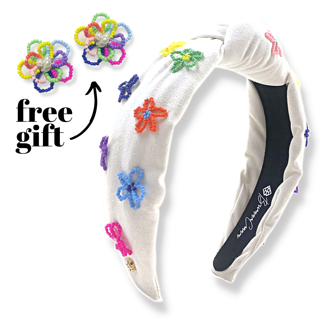 White Headband with Colorful Beaded Flowers and + Free Earrings