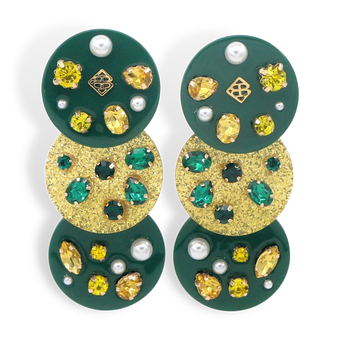 Green and Gold Triple Dot Earrings