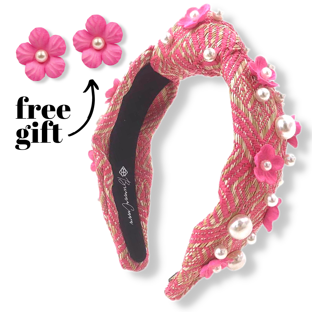 Pink & Tan Raffia Flower Headband with Pearls + Free Earrings