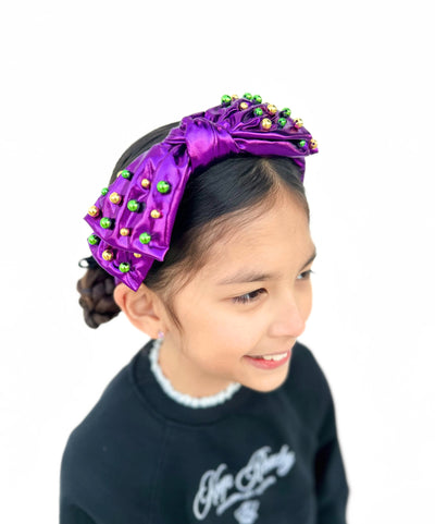 Child Size Purple Mardi Gras Bow Headband with Beads